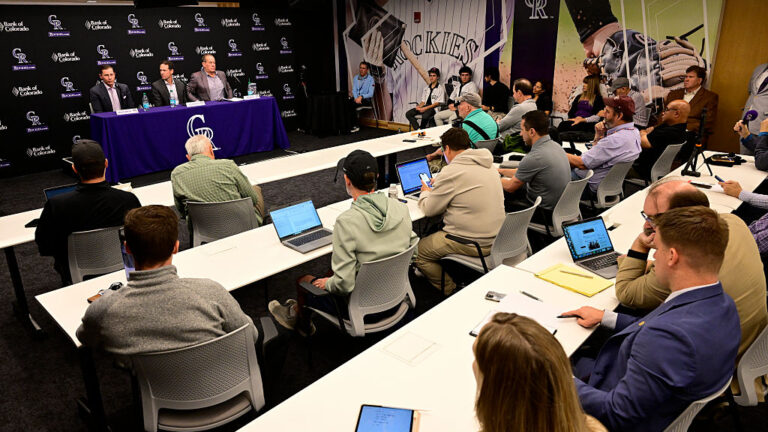 DENVER, CO - NOVEMBER 13: From left, Colorado Rockies Executive Vice President Walker Monfort, new President of Baseball Operations Paul DePodesta and owner Dick Monfort during Depodesta's introductory press conference at Coors Field in Denver, Colorado on Thursday, November 13, 2025. (Photo by Andy Cross/MediaNews Group/The Denver Post via Getty Images)