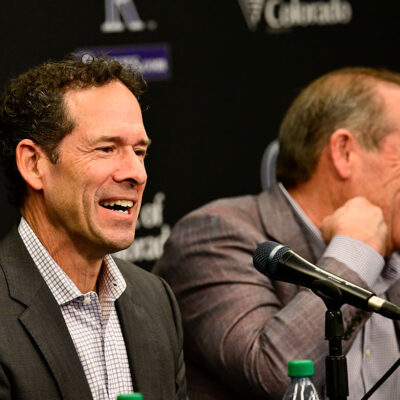 DENVER, CO - NOVEMBER 13: Colorado Rockies new President of Baseball Operations Paul DePodesta, left, and Rockies owner Dick Monfort during DePodesta's introductory press conference at Coors Field in Denver, Colorado on Thursday, November 13, 2025. (Photo by Andy Cross/MediaNews Group/The Denver Post via Getty Images)