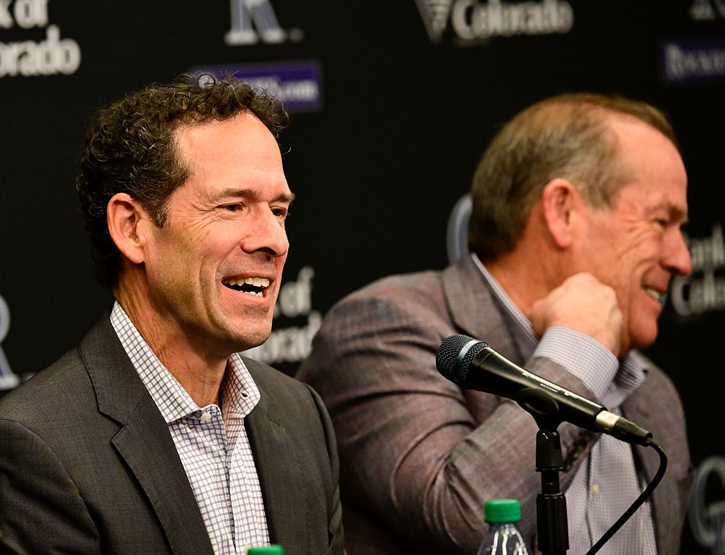 DENVER, CO - NOVEMBER 13: Colorado Rockies new President of Baseball Operations Paul DePodesta, left, and Rockies owner Dick Monfort during DePodesta's introductory press conference at Coors Field in Denver, Colorado on Thursday, November 13, 2025. (Photo by Andy Cross/MediaNews Group/The Denver Post via Getty Images)
