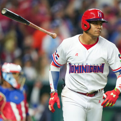 Juan Soto of the Dominican Republic hits a home run in the third inning of the World Baseball Classic Pool D game against Puerto Rico at loanDepot Park.