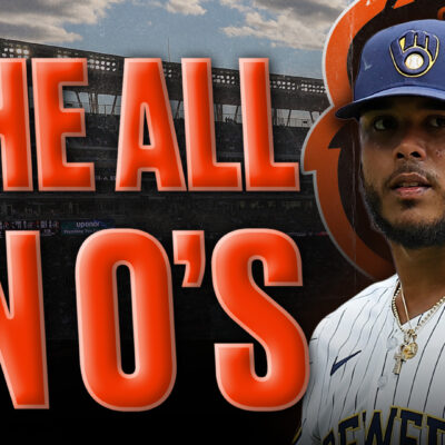 Freddy Peralta of the Brewers edited onto a background of Camden Yards in Baltimore. The text reads: "The All in O's (Orioles)"