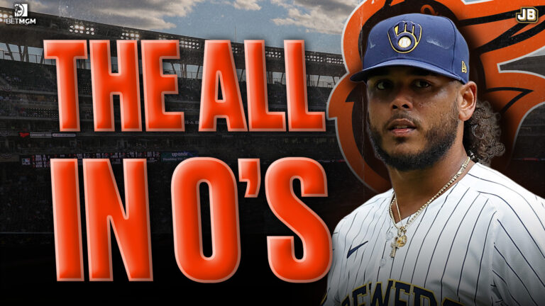Freddy Peralta of the Brewers edited onto a background of Camden Yards in Baltimore. The text reads: "The All in O's (Orioles)"