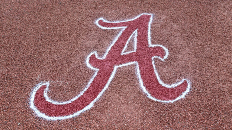 HOOVER, AL - MAY 23: A general view of the University of Alabama logo drawn onto gravel during the 2023 SEC Baseball Tournament game between the Kentucky Wildcats and the Alabama Crimson Tide on May 23, 2023 at Hoover Metropolitan Stadium in Hoover, Alabama. (Photo by Michael Wade/Icon Sportswire via Getty Images)