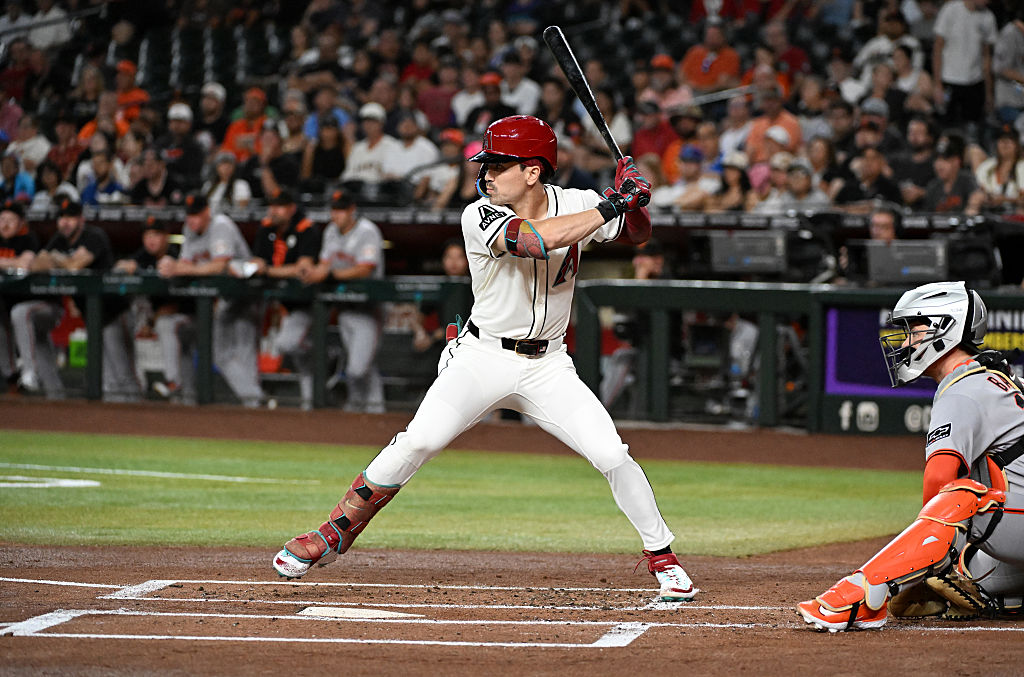 PHOENIX, ARIZONA - SEPTEMBER 15: Corbin Carroll #7 of the Arizona Diamondbacks gets ready in the batters box against the San Francisco Giants at Chase Field on September 15, 2025 in Phoenix, Arizona. (Photo by Norm Hall/Getty Images)