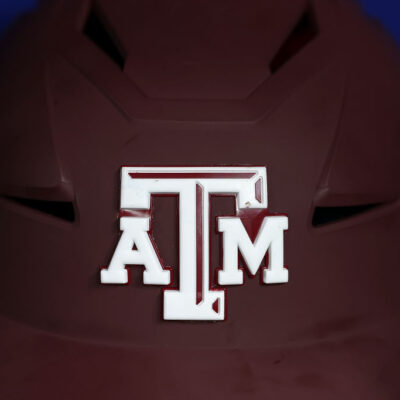 HOUSTON, TEXAS - FEBRUARY 28: A detail of the Texas A&M Aggie logo on a batting helmet prior to the game against the Arizona Wildcats in the Astros Foundation College Classic at Daikin Park on February 28, 2025, in Houston, Texas. (Photo by Aaron M. Sprecher/Getty Images)