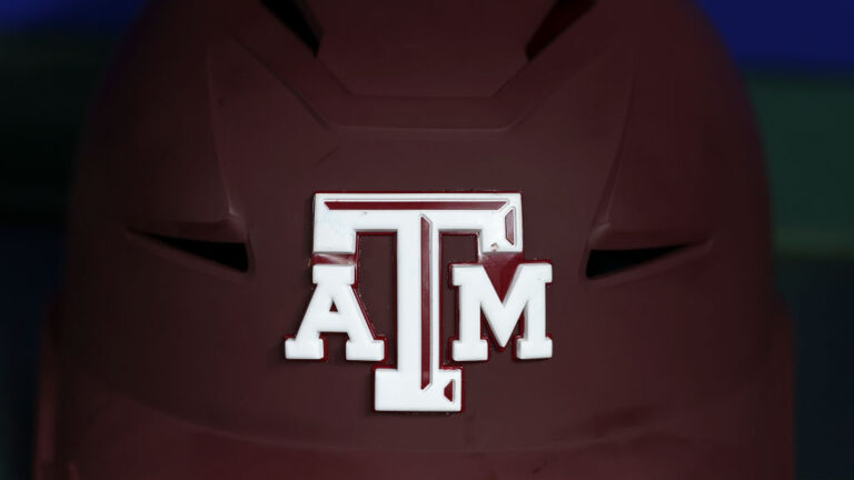 HOUSTON, TEXAS - FEBRUARY 28: A detail of the Texas A&M Aggie logo on a batting helmet prior to the game against the Arizona Wildcats in the Astros Foundation College Classic at Daikin Park on February 28, 2025, in Houston, Texas. (Photo by Aaron M. Sprecher/Getty Images)