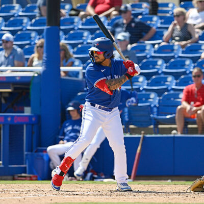 DUNEDIN, FLORIDA - MARCH 15, 2025: Yohendrick Pinango #22 of the Toronto Blue Jays bats during the sixth inning of a spring training Spring Breakout game against the Minnesota Twins at TD Ballpark on March 15, 2025 in Dunedin, Florida. (Photo by George Kubas/Diamond Images via Getty Images)