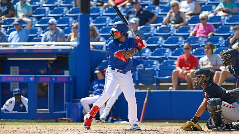 DUNEDIN, FLORIDA - MARCH 15, 2025: Yohendrick Pinango #22 of the Toronto Blue Jays bats during the sixth inning of a spring training Spring Breakout game against the Minnesota Twins at TD Ballpark on March 15, 2025 in Dunedin, Florida. (Photo by George Kubas/Diamond Images via Getty Images)