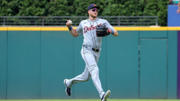 CLEVELAND, OH - JULY 06: Detroit Tigers center fielder Parker Meadows (22) with the baseball after making a running catch during the ninth inning of the Major League Baseball game between the Detroit Tigers and Cleveland Guardians on July 6, 2025, at Progressive Field in Cleveland, OH. (Photo by Frank Jansky/Icon Sportswire via Getty Images)