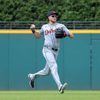 CLEVELAND, OH - JULY 06: Detroit Tigers center fielder Parker Meadows (22) with the baseball after making a running catch during the ninth inning of the Major League Baseball game between the Detroit Tigers and Cleveland Guardians on July 6, 2025, at Progressive Field in Cleveland, OH. (Photo by Frank Jansky/Icon Sportswire via Getty Images)