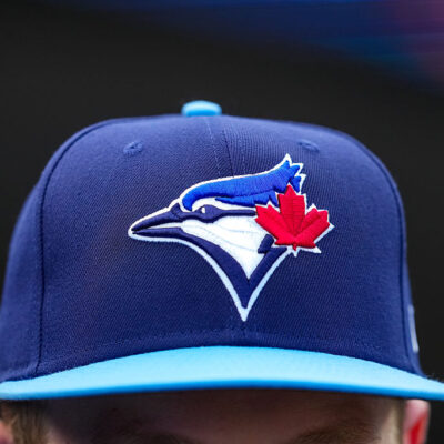 DETROIT, MICHIGAN - JULY 24: A detail of the Toronto Blue Jays logo on a hat during the game against the Detroit Tigers at Comerica Park on July 24, 2025 in Detroit, Michigan. (Photo by Nic Antaya/Getty Images)
