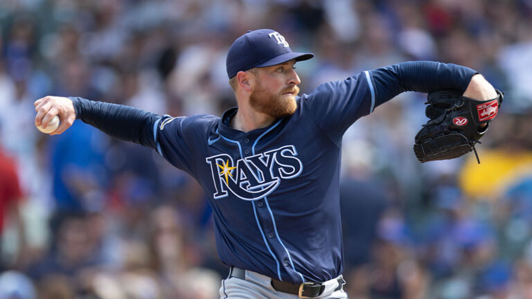 CHICAGO, ILLINOIS - SEPTEMBER 13: Drew Rasmussen #57 of the Tampa Bay Rays pitches during the second inning against the Chicago Cubs at Wrigley Field on September 13, 2025 in Chicago, Illinois. (Photo by Geoff Stellfox/Getty Images)