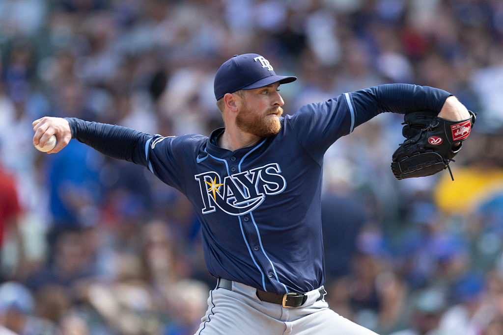 CHICAGO, ILLINOIS - SEPTEMBER 13: Drew Rasmussen #57 of the Tampa Bay Rays pitches during the second inning against the Chicago Cubs at Wrigley Field on September 13, 2025 in Chicago, Illinois. (Photo by Geoff Stellfox/Getty Images)