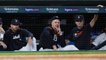 DETROIT, MI - SEPTEMBER 2: Pitcher Jack Flaherty #9 of the Detroit Tigers, left, watches the game as pitcher Tarik Skubal #29 and pitcher Reese Olson #45, right, talk during the ninth inning of a game against the New York Mets at Comerica Park on September 2, 2025 in Detroit, Michigan. (Photo by Duane Burleson/Getty Images)