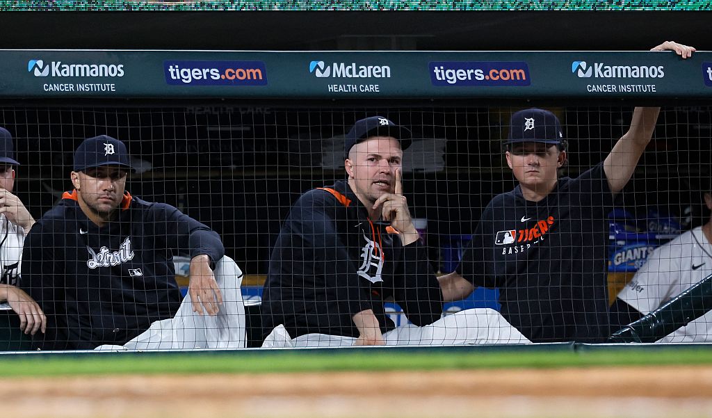 DETROIT, MI - SEPTEMBER 2: Pitcher Jack Flaherty #9 of the Detroit Tigers, left, watches the game as pitcher Tarik Skubal #29 and pitcher Reese Olson #45, right, talk during the ninth inning of a game against the New York Mets at Comerica Park on September 2, 2025 in Detroit, Michigan. (Photo by Duane Burleson/Getty Images)