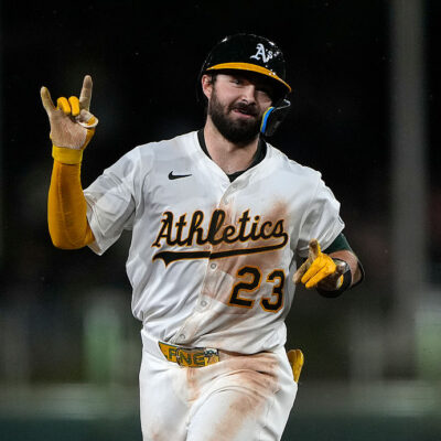 SACRAMENTO, CALIFORNIA - SEPTEMBER 24: Shea Langeliers #23 of the Athletics rounds the bases on a solo home run against the Houston Astros in the bottom of the seventh inning at Sutter Health Park on September 24, 2025 in Sacramento, California. (Photo by Thearon W. Henderson/Getty Images)