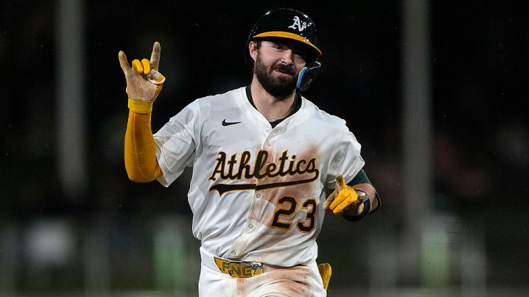 SACRAMENTO, CALIFORNIA - SEPTEMBER 24: Shea Langeliers #23 of the Athletics rounds the bases on a solo home run against the Houston Astros in the bottom of the seventh inning at Sutter Health Park on September 24, 2025 in Sacramento, California. (Photo by Thearon W. Henderson/Getty Images)