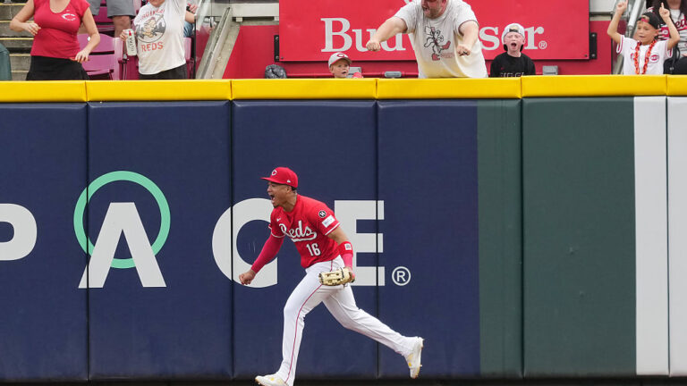 CINCINNATI, OHIO - SEPTEMBER 25: Noelvi Marte #16 of the Cincinnati Reds celebrates after making a catch in the ninth inning against the Pittsburgh Pirates at Great American Ball Park on September 25, 2025 in Cincinnati, Ohio. (Photo by Dylan Buell/Getty Images)