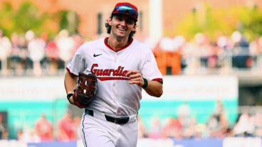 CLEVELAND, OH - OCTOBER 02: Chase DeLauter #34 of the Cleveland Guardians jogs back to the dugout during Game Three of the American League Wild Card Series between the Detroit Tigers and the Cleveland Guardians at Progressive Field on Thursday, October 2, 2025 in Cleveland, Ohio. (Photo by Ben Jackson/MLB Photos via Getty Images)