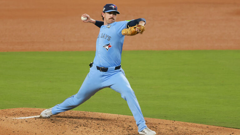 LOS ANGELES, CA - OCTOBER 28: Shane Bieber #57 of the Toronto Blue Jays pitches during Game Four of the 2025 World Series presented by Capital One between the Toronto Blue Jays and the Los Angeles Dodgers at Dodger Stadium on Tuesday, October 28, 2025 in Los Angeles, California. (Photo by Nicole Vasquez/MLB Photos via Getty Images)