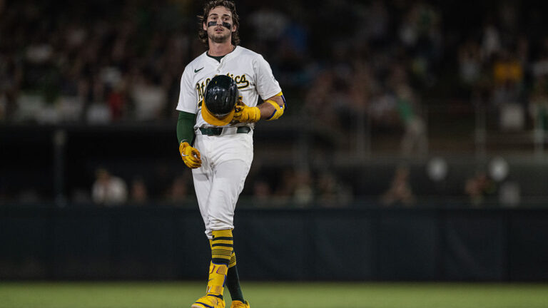 SACRAMENTO, CALIFORNIA - SEPTEMBER 26: Jacob Wilson #5 of the Athletics hits a bases clearing double to tie the game 3-3 in the bottom of the fifth inning against the Kansas City Royals at Sutter Health Park on September 26, 2025 in Sacramento, California. (Photo by Justine Willard/Athletics/Getty Images)