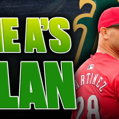 Nick Martinez in front of the Athletics logo