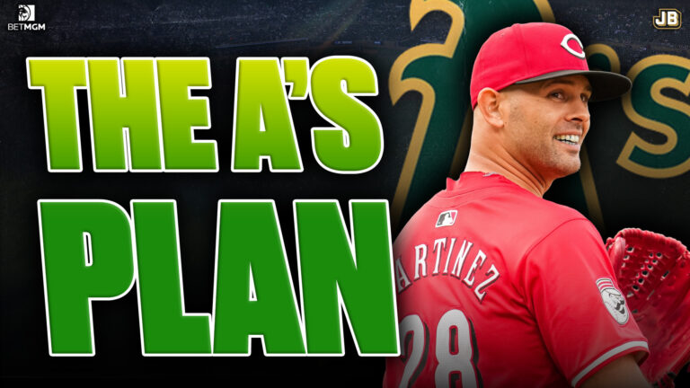 Nick Martinez in front of the Athletics logo