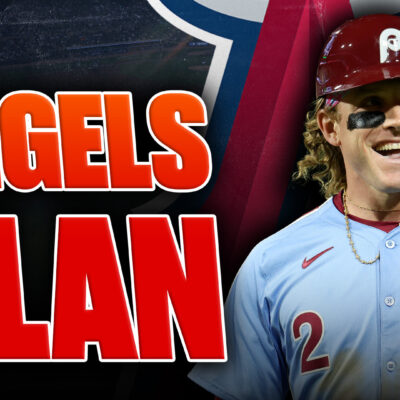 Harrison Bader in front of an Angels logo