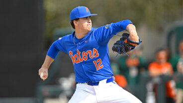 CORAL GABLES, FL - MARCH 02: Florida pitcher Liam Peterson (12) pitches in the first inning as the Miami Hurricanes faced the Florida Gators on March 2, 2024, at Mark Light Field at Alex Rodriguez Park in Coral Gables, Florida. (Photo by Samuel Lewis/Icon Sportswire via Getty Images)