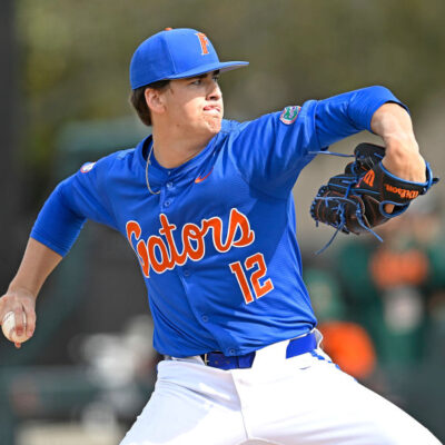 CORAL GABLES, FL - MARCH 02: Florida pitcher Liam Peterson (12) pitches in the first inning as the Miami Hurricanes faced the Florida Gators on March 2, 2024, at Mark Light Field at Alex Rodriguez Park in Coral Gables, Florida. (Photo by Samuel Lewis/Icon Sportswire via Getty Images)