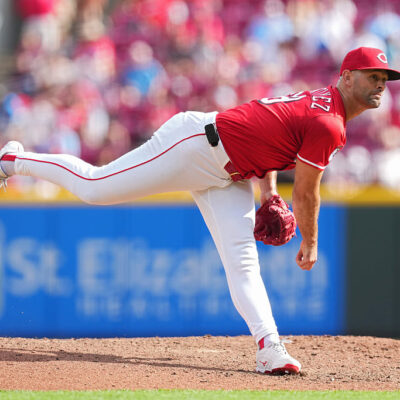 CINCINNATI, OHIO - SEPTEMBER 21: Nick Martinez #28 of the Cincinnati Reds throws during a baseball game against the Chicago Cubs at Great American Ball Park on September 21, 2025 in Cincinnati, Ohio. (Photo by Jeff Dean/Getty Images)