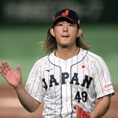 TOKYO, JAPAN - NOVEMBER 19: Pitcher Tatsuya Imai #48 of Japan reacts after the 4th inning during the Asia Professional Baseball Championship Final between South Korea and Japan at Tokyo Dome on November 19, 2023 in Tokyo, Japan. (Photo by Gene Wang/Getty Images)