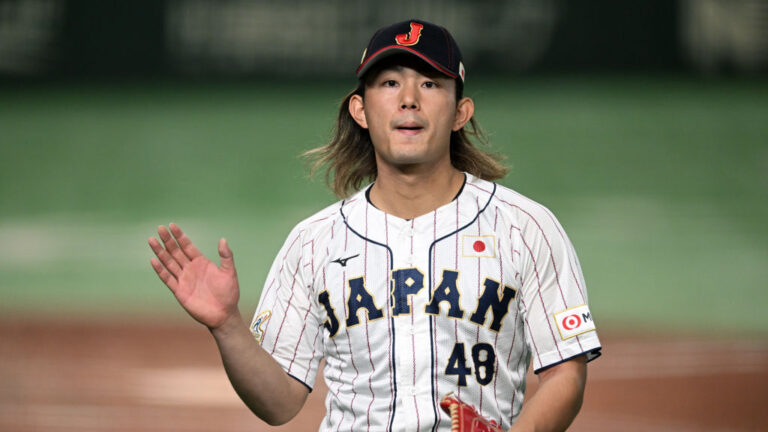 TOKYO, JAPAN - NOVEMBER 19: Pitcher Tatsuya Imai #48 of Japan reacts after the 4th inning during the Asia Professional Baseball Championship Final between South Korea and Japan at Tokyo Dome on November 19, 2023 in Tokyo, Japan. (Photo by Gene Wang/Getty Images)