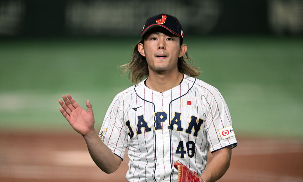 TOKYO, JAPAN - NOVEMBER 19: Pitcher Tatsuya Imai #48 of Japan reacts after the 4th inning during the Asia Professional Baseball Championship Final between South Korea and Japan at Tokyo Dome on November 19, 2023 in Tokyo, Japan. (Photo by Gene Wang/Getty Images)