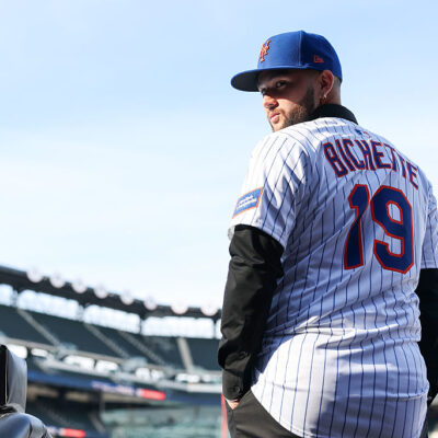NEW YORK, NEW YORK - JANUARY 21: Bo Bichette #19 of the New York Mets poses for a photo during an introductory press conference after signing a contract with the New York Mets at Citi Field on January 21, 2026 in the Queens borough of New York City. (Photo by Ishika Samant/Getty Images)