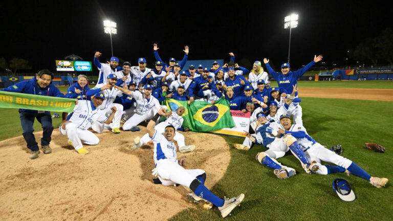 TUCSON, AZ - MARCH 06: Members of Team Brazil pose for a photo to celebrate a win after the game between the Team Germany and the Team Brazil at Veterans Memorial Stadium at Kino Sports Complex on Thursday, March 6, 2025 in Tucson, Arizona. (Photo by Norm Hall/MLB Photos via Getty Images)