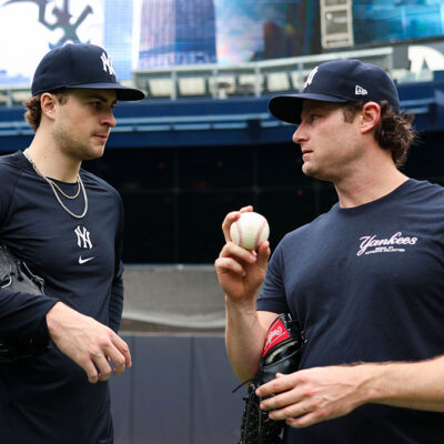 NEW YORK, NY - SEPTEMBER 24: Cam Schlittler #31 talks with Gerrit Cole #45 of the New York Yankees before the game against the Chicago White Sox at Yankee Stadium on September 24, 2025 in New York, New York. (Photo by New York Yankees/Getty Images)
