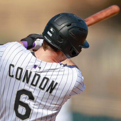 SCOTTSDALE, ARIZONA - OCTOBER 31: Charlie Condon #6 of the Salt River Rafters swings the bat during an Arizona Fall League game against the Scottsdale Scorpions at Salt River Fields at Talking Stick on October 31, 2025 in Scottsdale, Arizona. (Photo by Brandon Sloter/Getty Images)