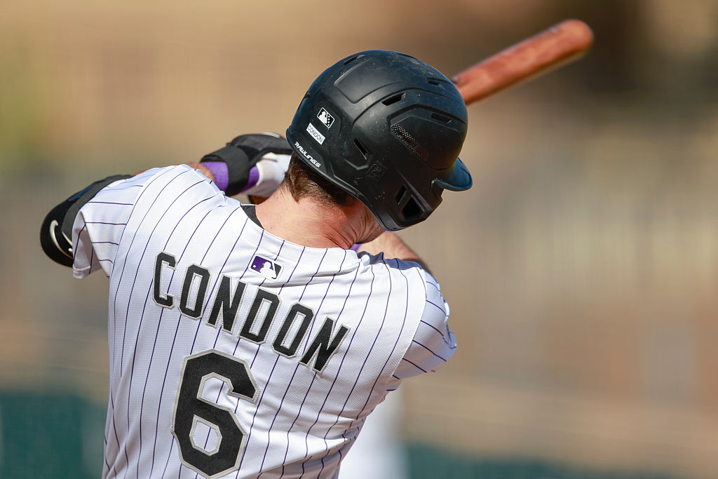 SCOTTSDALE, ARIZONA - OCTOBER 31: Charlie Condon #6 of the Salt River Rafters swings the bat during an Arizona Fall League game against the Scottsdale Scorpions at Salt River Fields at Talking Stick on October 31, 2025 in Scottsdale, Arizona. (Photo by Brandon Sloter/Getty Images)