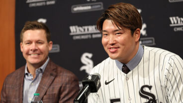 CHICAGO, ILLINOIS - DECEMBER 22: Munetaka Murakami #5 of the Chicago White Sox addresses the media with Chicago White Sox general manager Chris Getz after signing his first Major League Baseball contract at Rate Field on December 22, 2025 in Chicago, Illinois. (Photo by Geoff Stellfox/Getty Images)