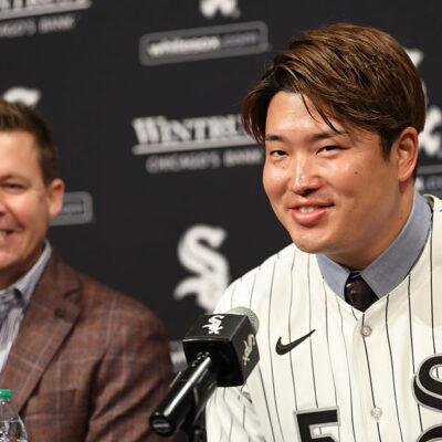 CHICAGO, ILLINOIS - DECEMBER 22: Munetaka Murakami #5 of the Chicago White Sox addresses the media with Chicago White Sox general manager Chris Getz after signing his first Major League Baseball contract at Rate Field on December 22, 2025 in Chicago, Illinois. (Photo by Geoff Stellfox/Getty Images)