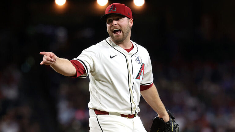 PHOENIX, ARIZONA - JUNE 01: Starting pitcher Corbin Burnes #39 of the Arizona Diamondbacks reacts after striking out Nathaniel Lowe #33 of the Washington Nationals during the first inning at Chase Field on June 01, 2025 in Phoenix, Arizona. (Photo by Chris Coduto/Getty Images)