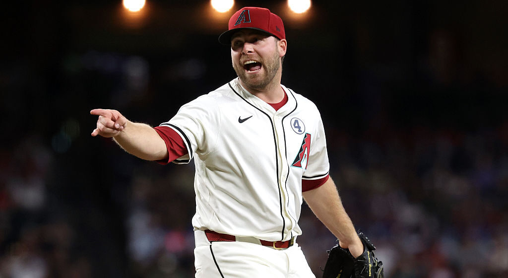 PHOENIX, ARIZONA - JUNE 01: Starting pitcher Corbin Burnes #39 of the Arizona Diamondbacks reacts after striking out Nathaniel Lowe #33 of the Washington Nationals during the first inning at Chase Field on June 01, 2025 in Phoenix, Arizona. (Photo by Chris Coduto/Getty Images)