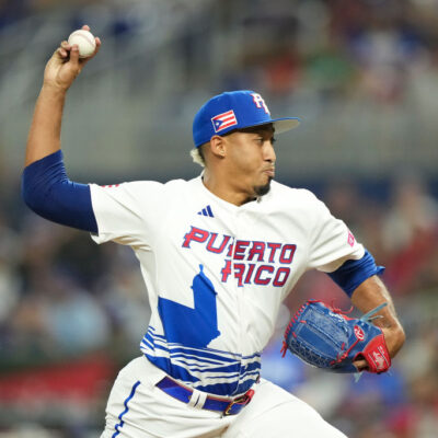 MIAMI, FLORIDA - MARCH 13: Edwin Diaz #39 of Puerto Rico throws a pitch during the seventh inning against Israel at loanDepot park on March 13, 2023 in Miami, Florida. (Photo by Eric Espada/Getty Images)