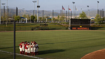 Irvine, CA - May 03: USC baseball players huddle together before a game with Cal at the Great Park in Irvine Friday, May 3, 2024. (Allen J. Schaben / Los Angeles Times via Getty Images)