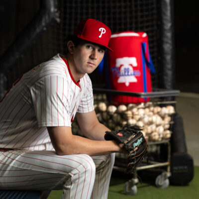 CLEARWATER, FL - FEBRUARY 20: Andrew Painter #76 of the Philadelphia Phillies poses for a photo during the Philadelphia Phillies Photo Day at BayCare Ballpark on Thursday, February 20, 2025 in Clearwater, Florida. (Photo by Mike Carlson/MLB Photos via Getty Images)