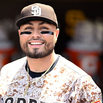 SAN DIEGO, CALIFORNIA - APRIL 27: Tirso Ornelas #21 of the San Diego Padres looks on before the game against the Tampa Bay Rays at Petco Park on April 27, 2025 in San Diego, California. (Photo by Orlando Ramirez/Getty Images)