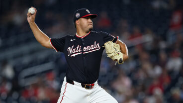 WASHINGTON, DC - AUGUST 05: Andry Lara #72 of the Washington Nationals pitches against the Athletics during the eighth inning at Nationals Park on August 5, 2025 in Washington, DC. (Photo by Scott Taetsch/Getty Images)