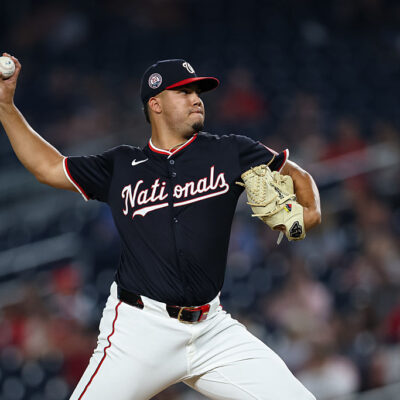 WASHINGTON, DC - AUGUST 05: Andry Lara #72 of the Washington Nationals pitches against the Athletics during the eighth inning at Nationals Park on August 5, 2025 in Washington, DC. (Photo by Scott Taetsch/Getty Images)