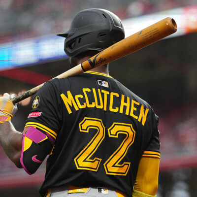 CINCINNATI, OHIO - SEPTEMBER 24: Andrew McCutchen #22 of the Pittsburgh Pirates warms up during a baseball game against the Cincinnati Reds at Great American Ball Park on September 24, 2025 in Cincinnati, Ohio. (Photo by Jeff Dean/Getty Images)